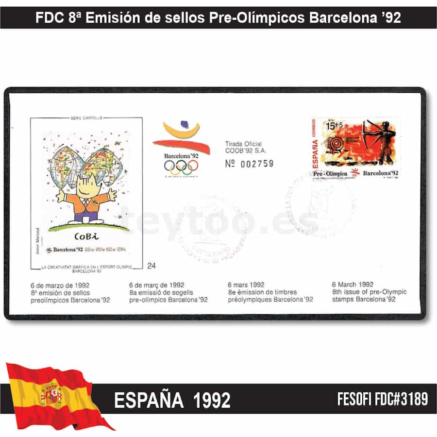 España 1990, FDC 5ª Emisión de sellos Pre-Olímpicos (N) FE#3107 (copia)