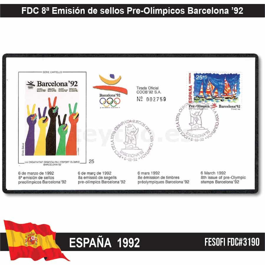 España 1992, FDC 8ª Emisión de sellos Pre-Olímpicos (N) FE#3189 (copia)