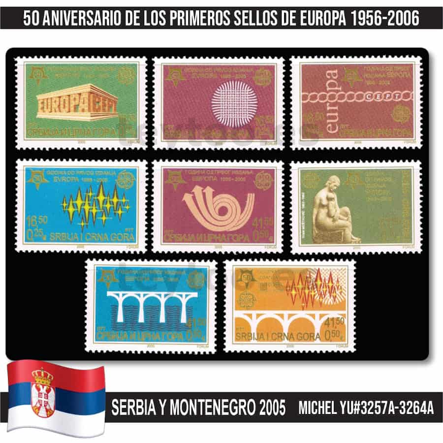 Serbia y Montenegro 2005. 50 Aniversario sellos de Europa (MNH) MI#3257A-3264A