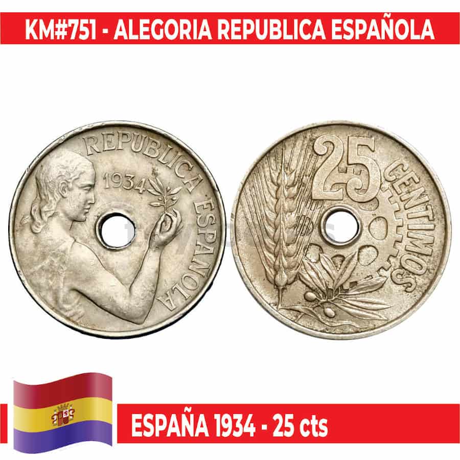 España 1934. 25 cts (BC) UC#751