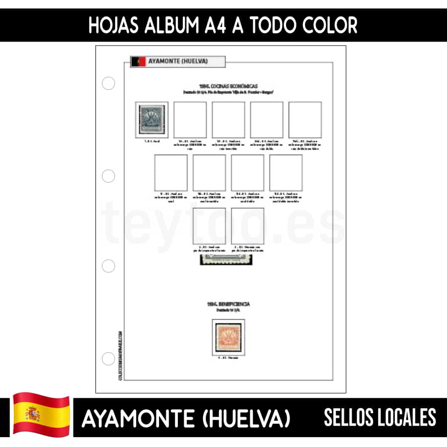 Album A4 sheets in full color. Local stamps. Ayamonte (Huelva)