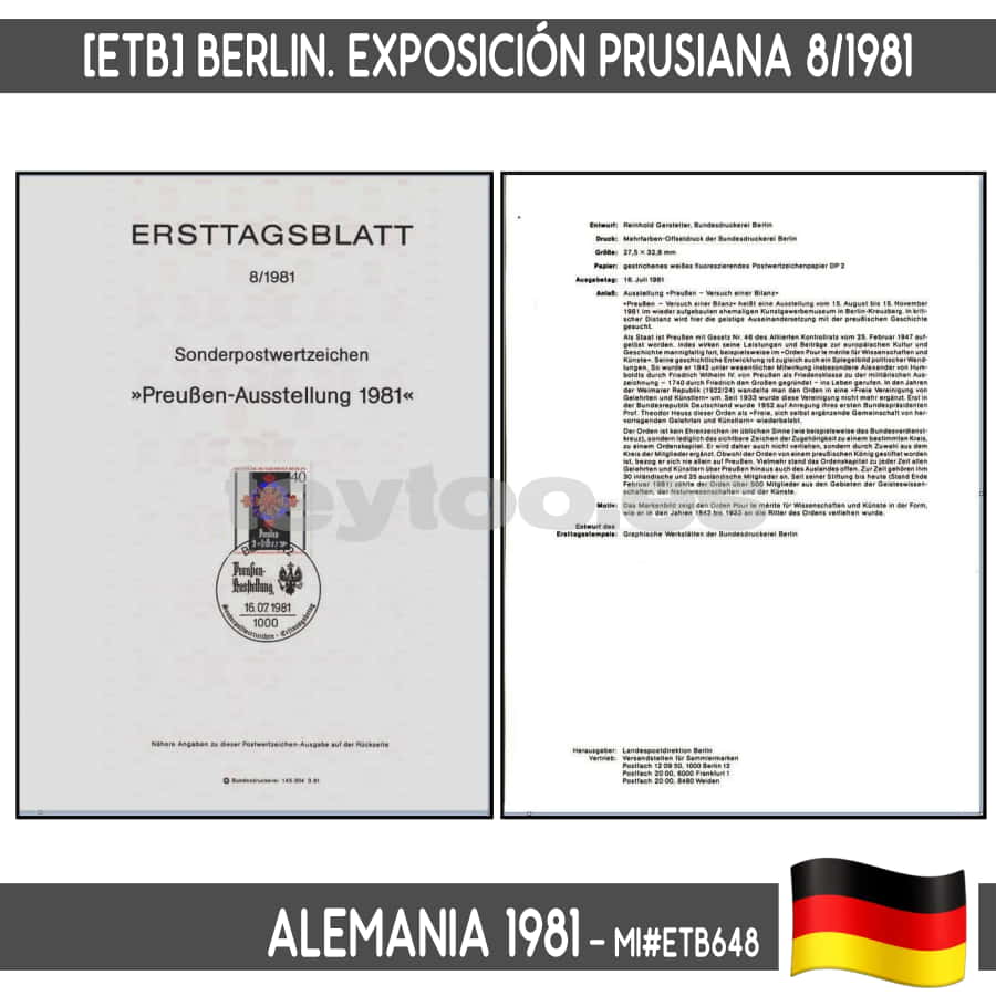 Berlin 1981. [ETB] Prussian exhibition. Berlin 8/1981 (N) MI#ETB648