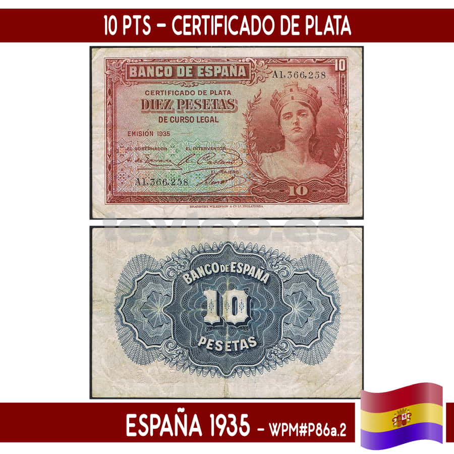 Spain 1935. 10 pts. Silver certificate (F) WPM#P86a.2