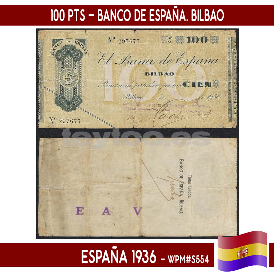 España 1936. 100 pts. Banco de España. Bilbao (F) WPM#PS554 (copia)