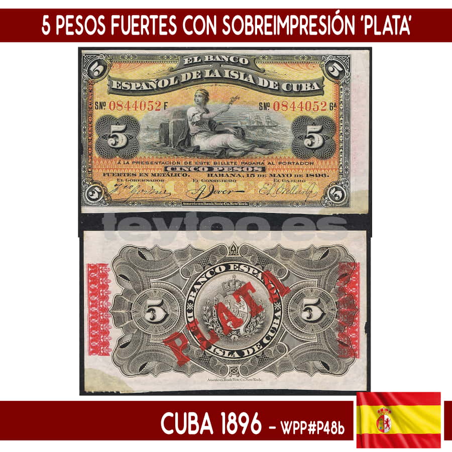 Cuba 1896. 5 strong pesos (UNC) WPP#P48b