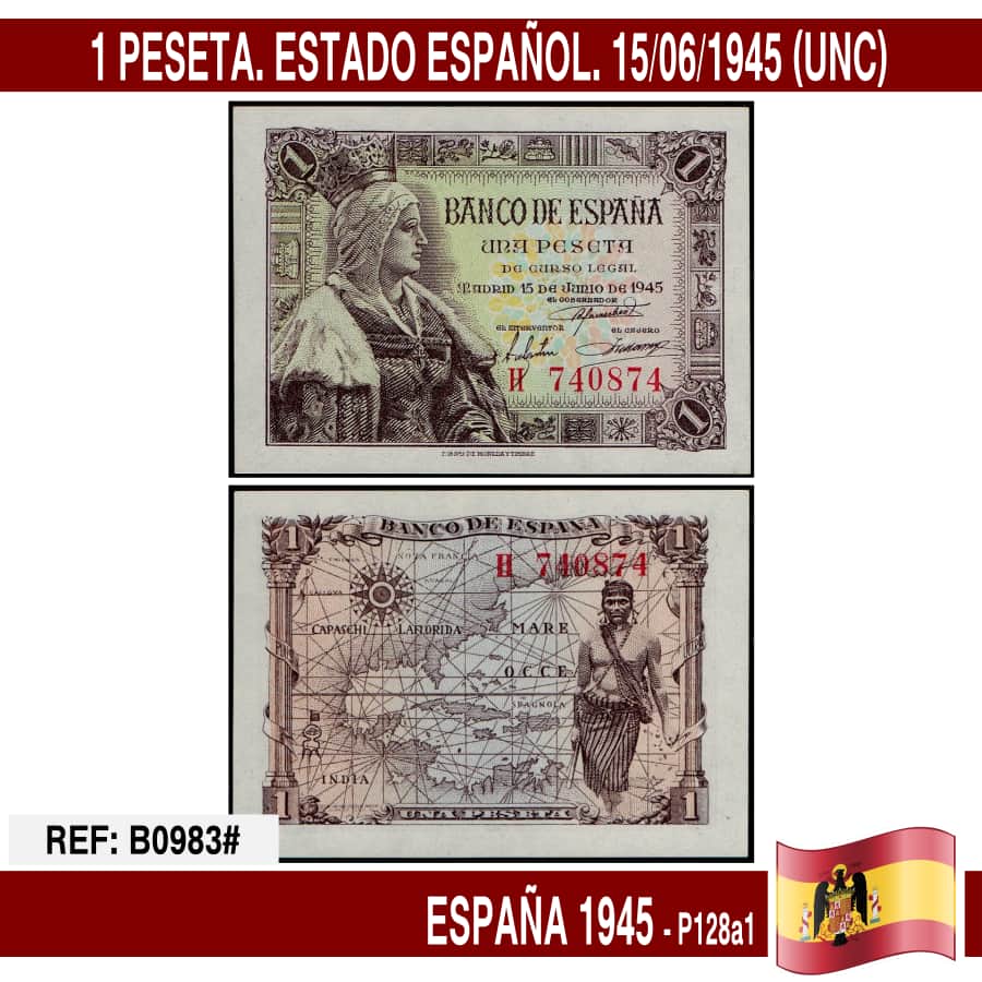 España 1943. 1 Pts 'Fernando el Católico' Serie K (UNC) WPM#P126a (copia)