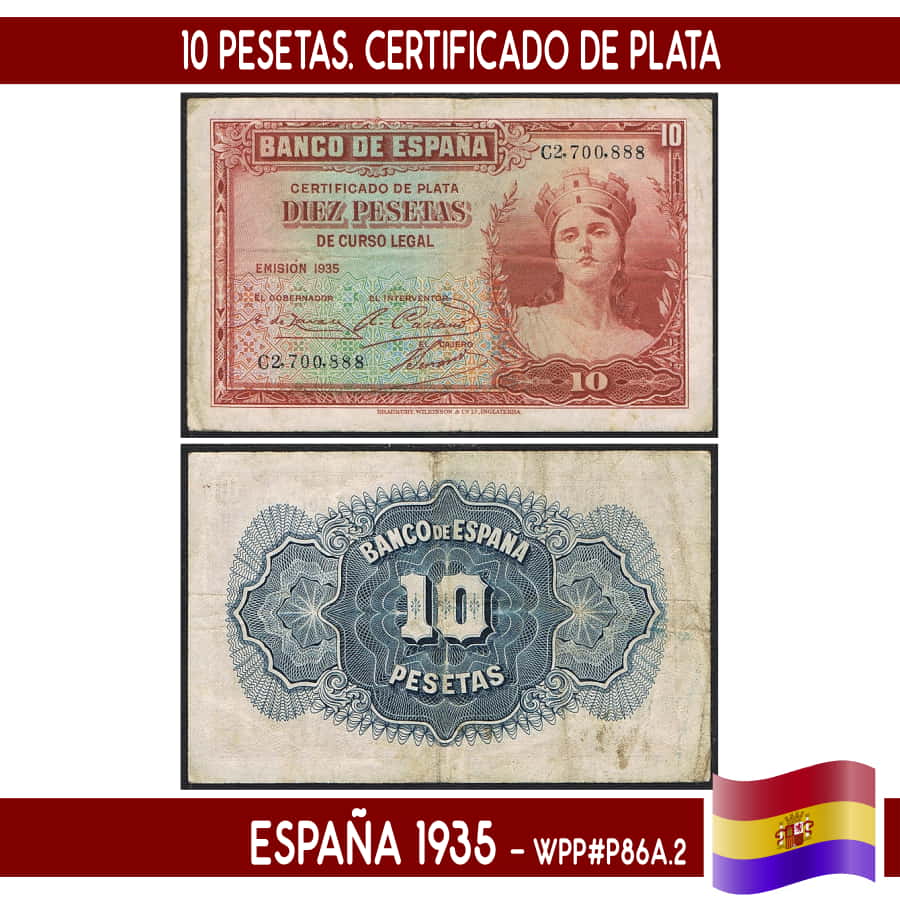 España 1935. 10 pts. Certificado de plata (VF) WP#P86a.2