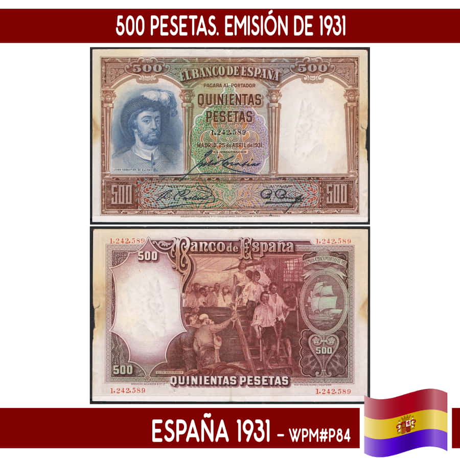 España 1931. 500 pts. Juan Sebastián Elcano (VF) WPM#P84