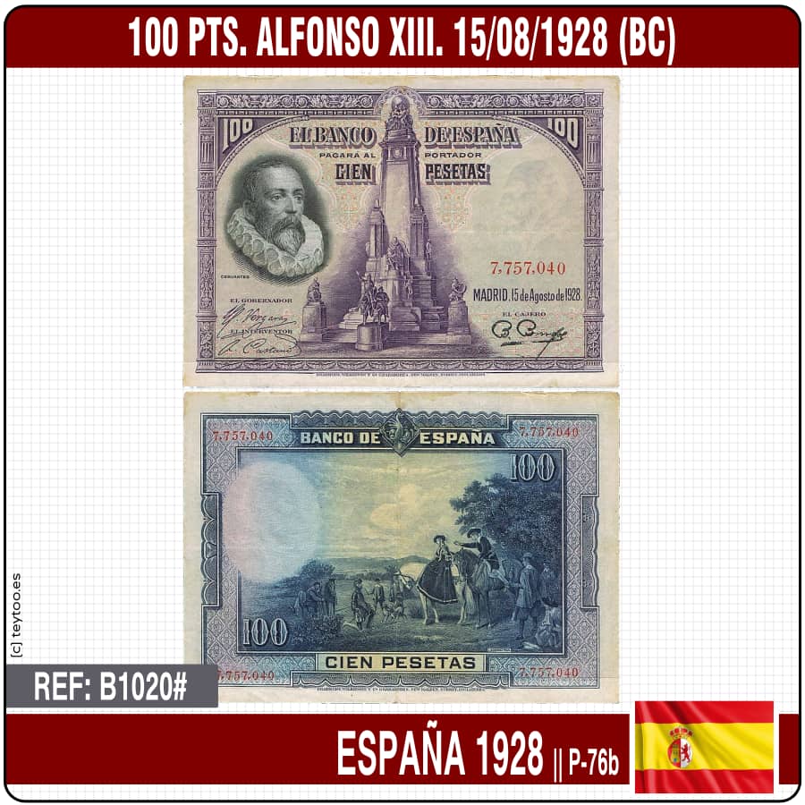 España 1928. 100 pts. Alfonso XIII. Miguel de Cervantes (BC) P-76b