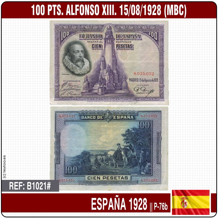 España 1928, 100 pts. Miguel de Cervantes (VF-) WPM#P76b (copia)