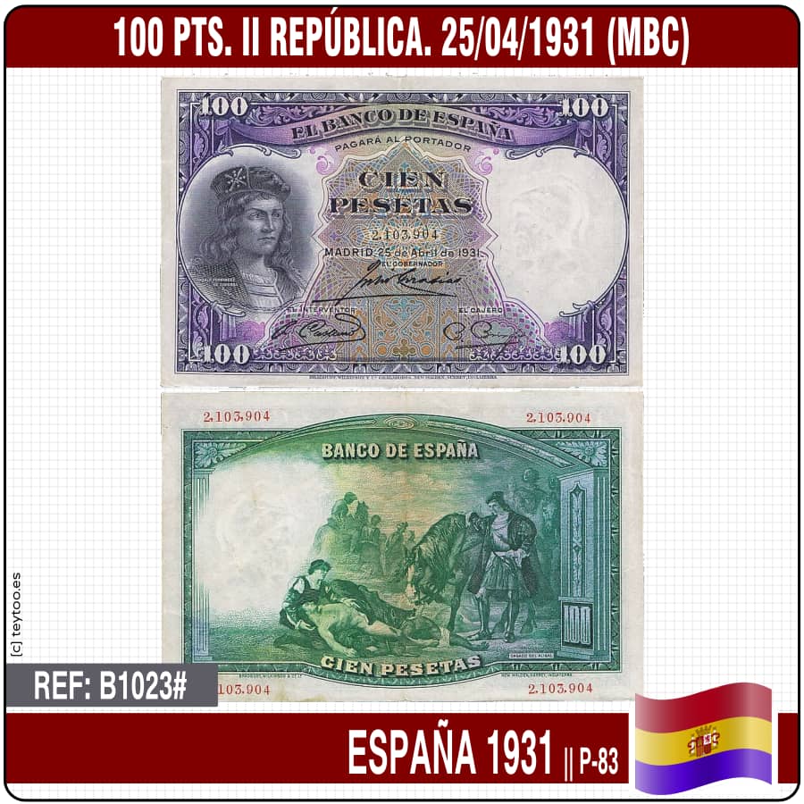 España 1931, 100 pts. Gran Capitán (VF-) WPM#P83 (copia)