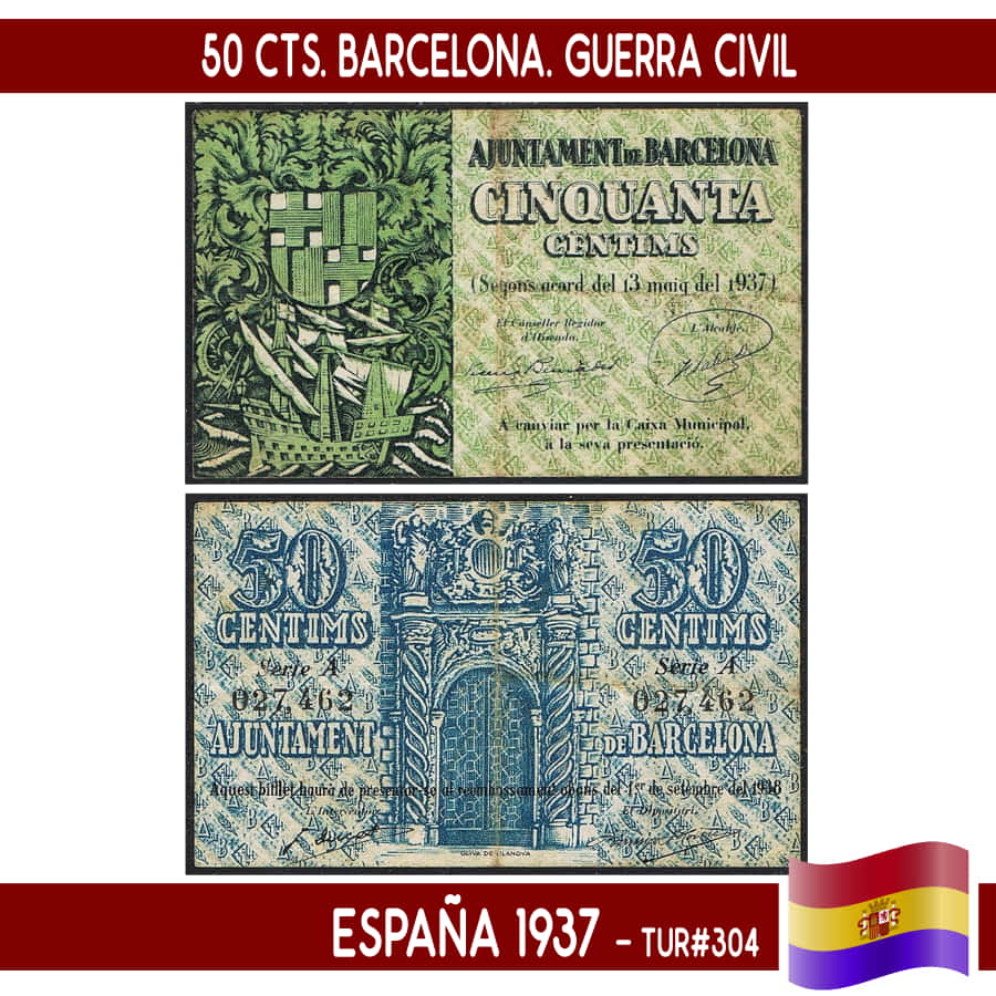 España 1937. 50 cts. Barcelona. Serie A (F) TUR#304