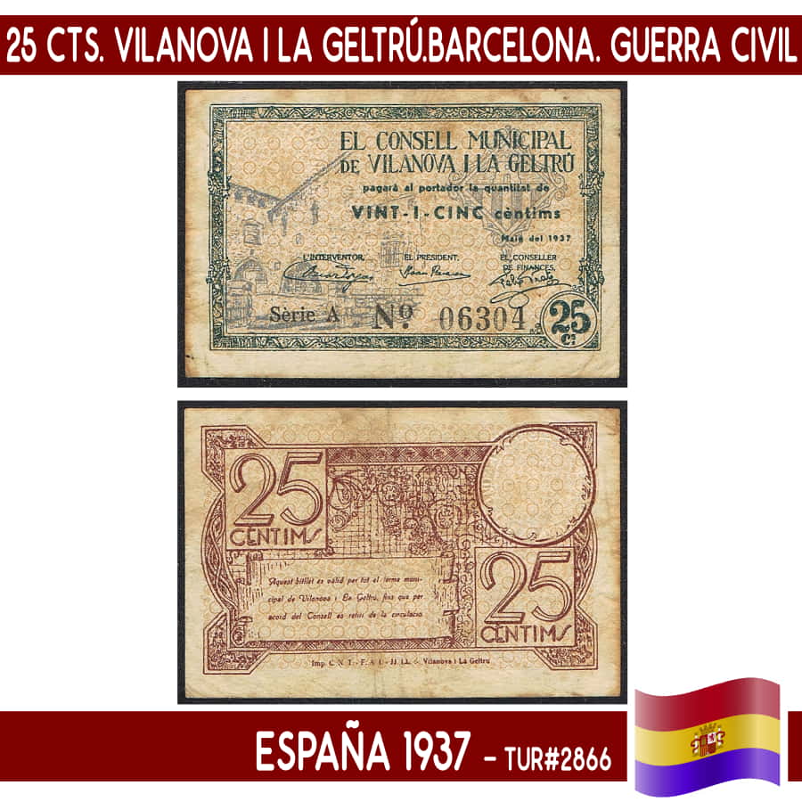 España 1937. 25 cts. Vic (Barcelona) (VF) TUR#2736 (copia)