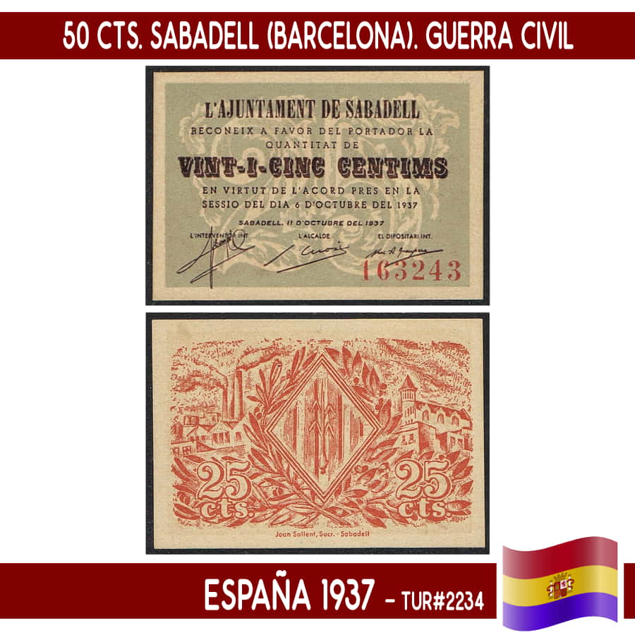 España 1937. 25 cts. Vilanova i la Geltrú (Barcelona) (VF) TUR#2866 (copia)