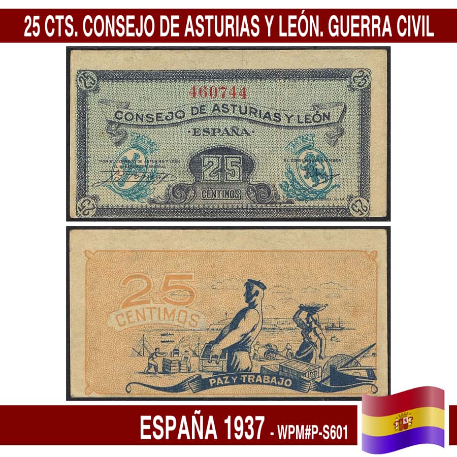 España 1937. 25 cts. Consejo de Asturias y León (AU) WPM#P-S601 (copia)