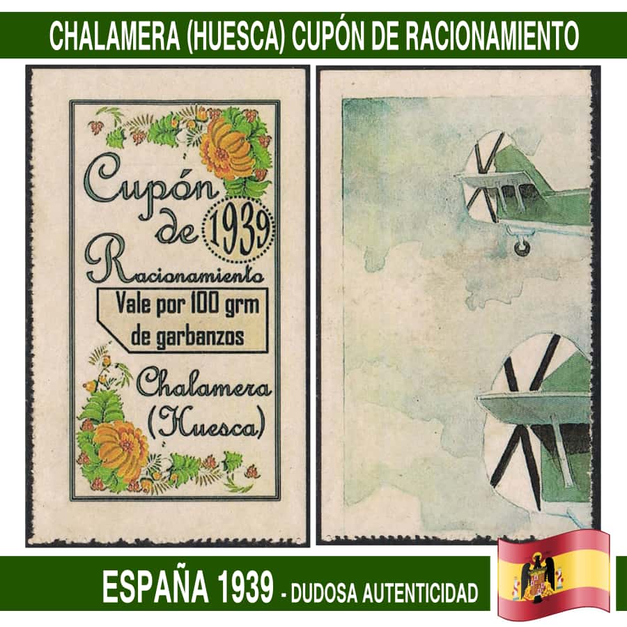 España 1939. Chalamera (Huesca). Cupón de racionamiento