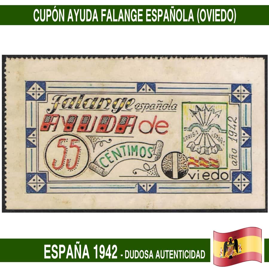 España 1942. Cupón de Ayuda. Falange Española. Oviedo (copia)