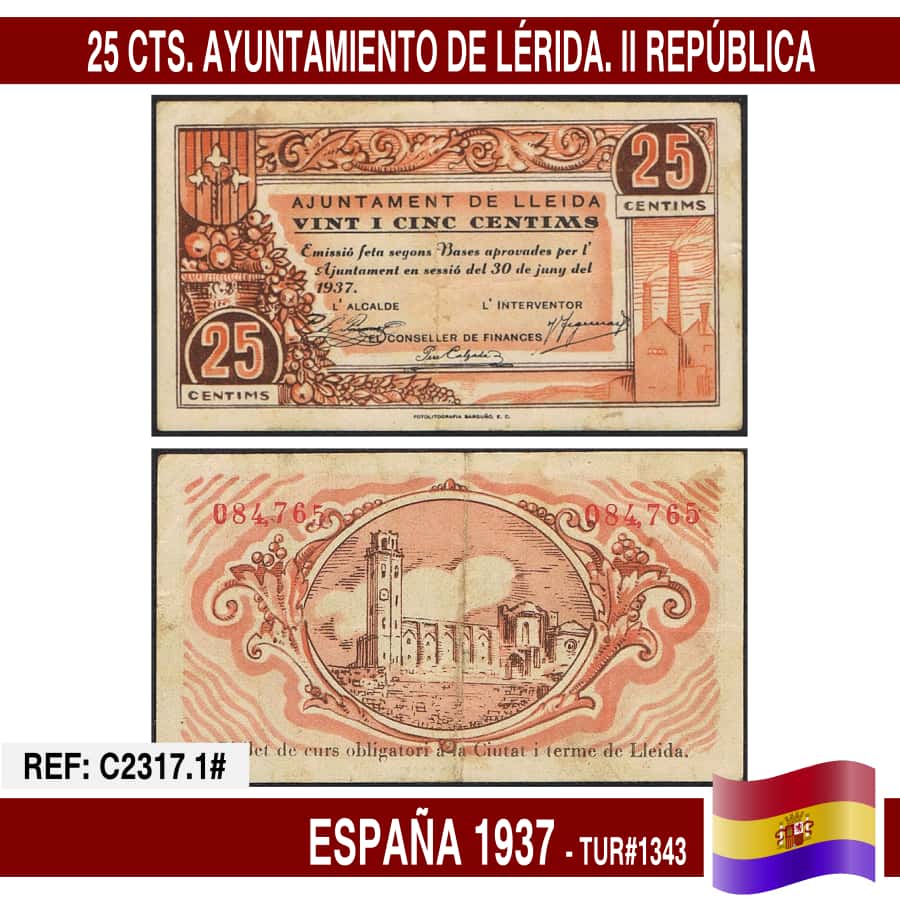 España 1937. 25 cts. Ayuntamiento de Lérida (XF+) TUR@1343