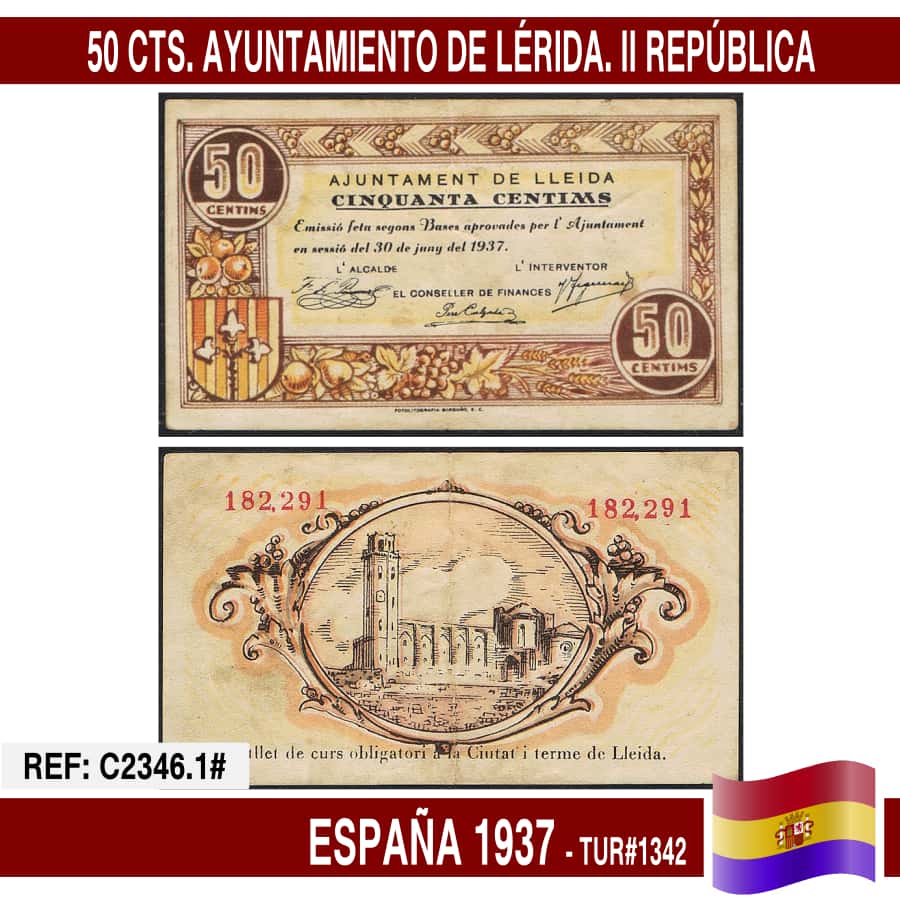 España 1937. 25 cts. Ayuntamiento de Lérida (XF+) TUR@1343 (copia)