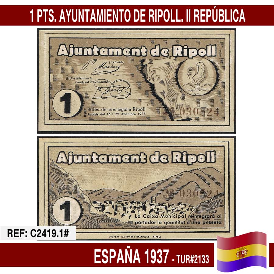 Spain 1937. 1 pts. Ripoll City Hall (UNC) TUR@2133