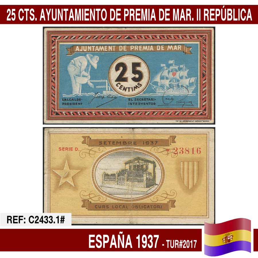 España 1937. 25 cts. Ayuntamiento Premiá de Mar (AU) TUR@2017