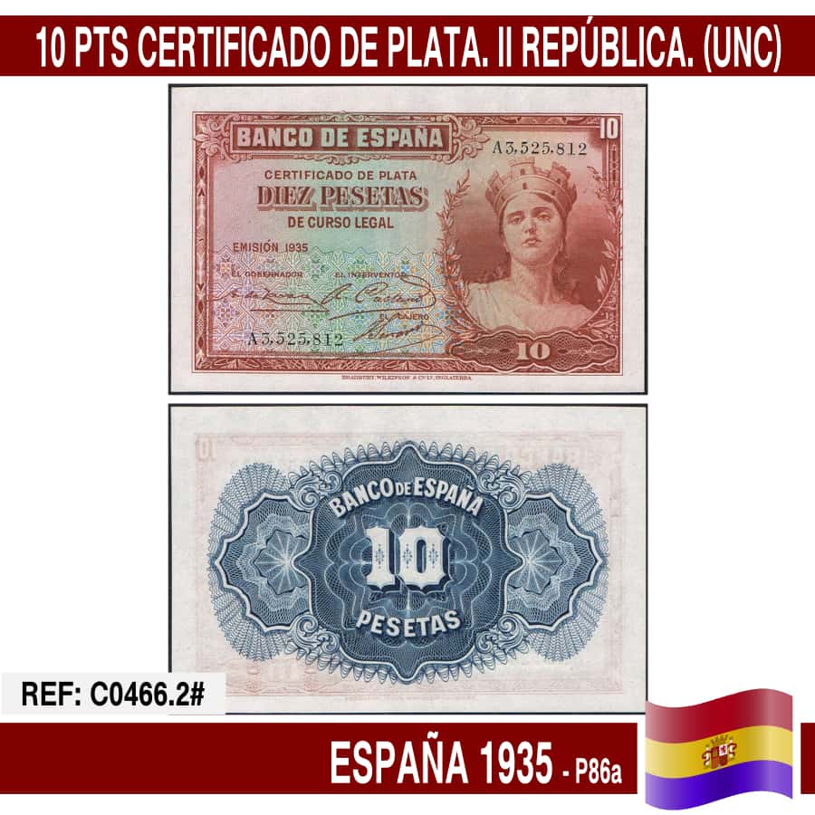 Spain 1935. 10 pts. Silver Certificate (UNC) P86a