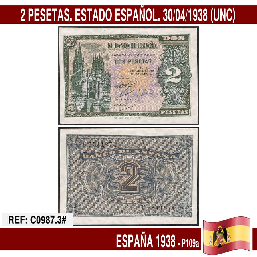 Spain 1938. 2 pts. Spanish State (UNC) P109a