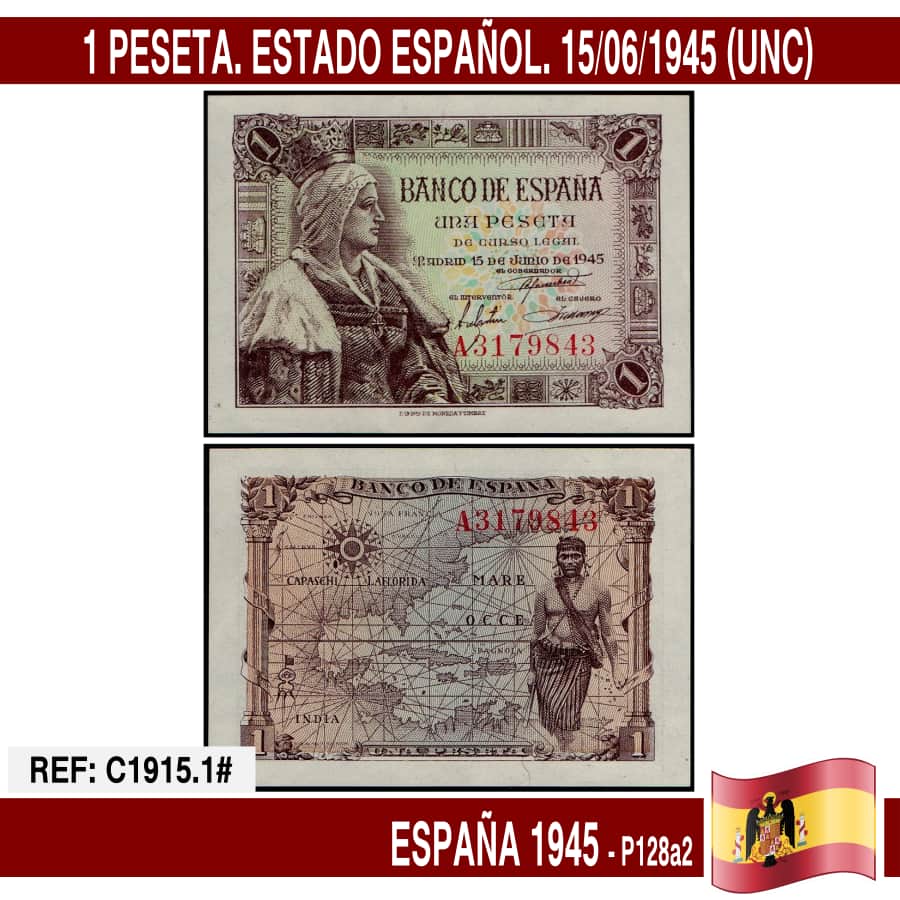 España 1945. 1 pts. Estado Español (UNC) P-128a1 (copia)