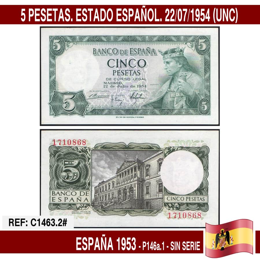 Spain 1954. 5 pts. Spanish State (UNC) P146a.1