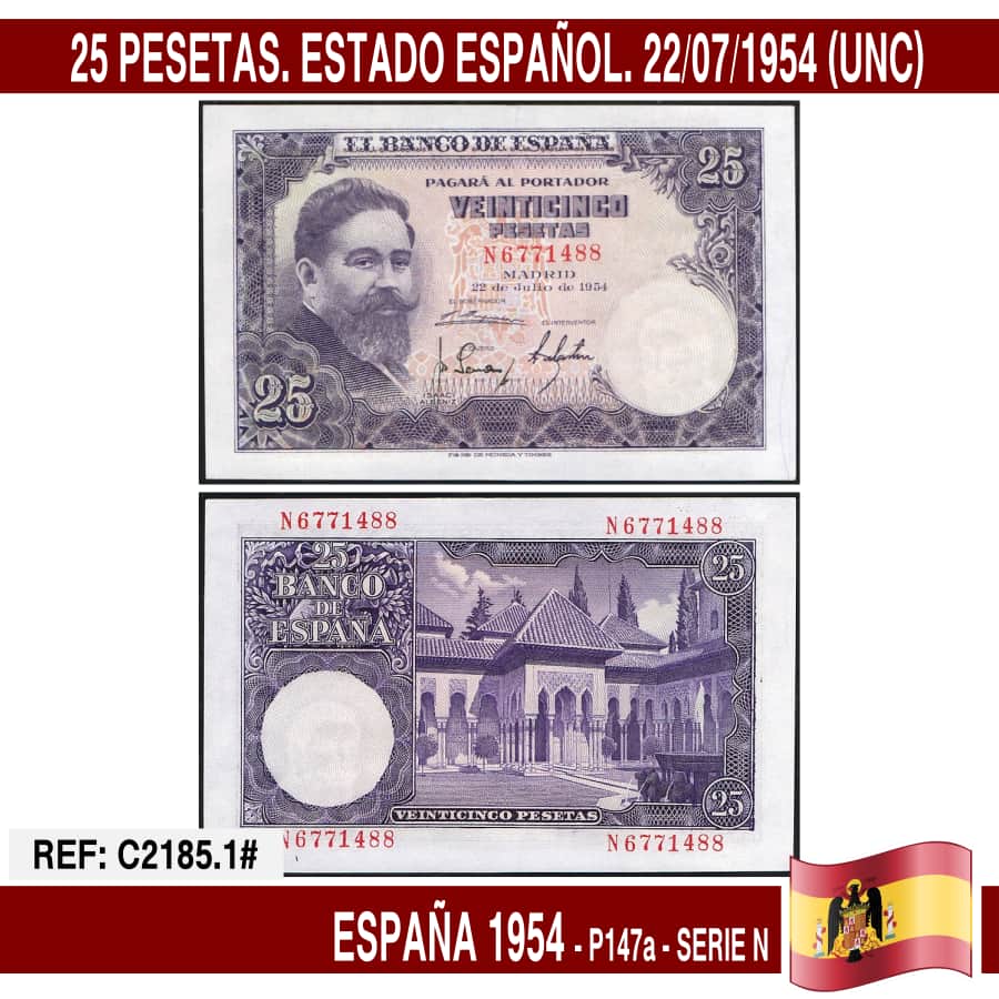 España 1954. 25 pts. Estado Español (UNC) P-147a