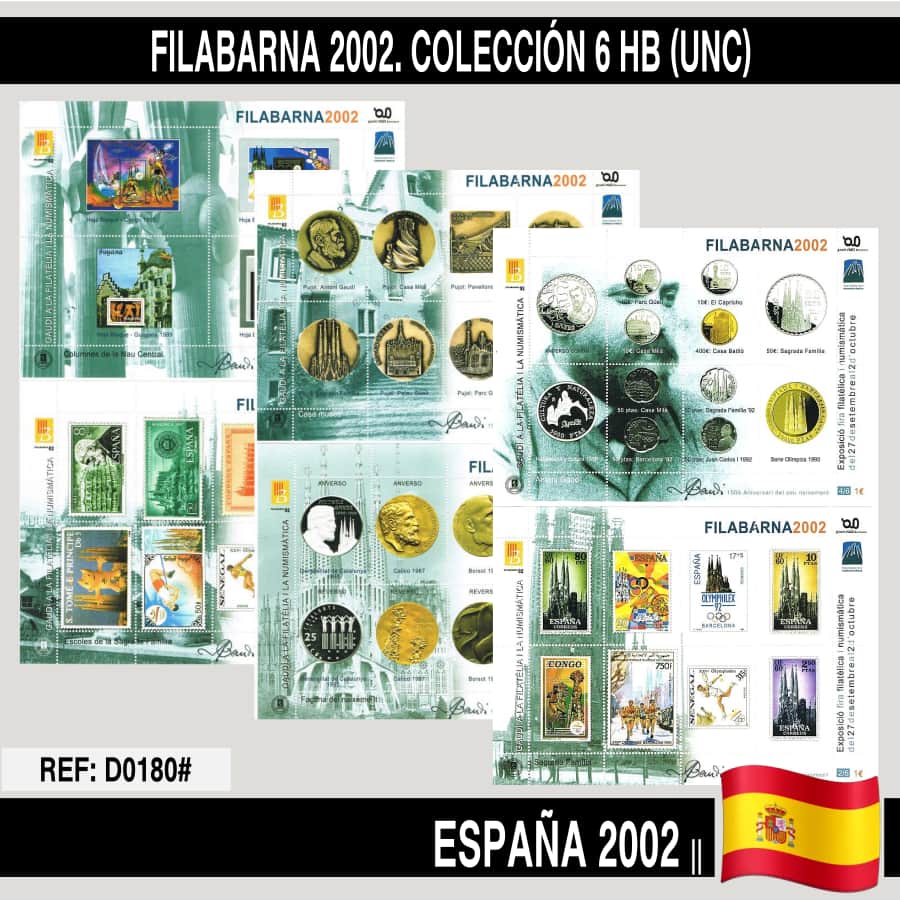 España 2002. Colección completa 6 HB FILABARNA / Gaudí (MNH)