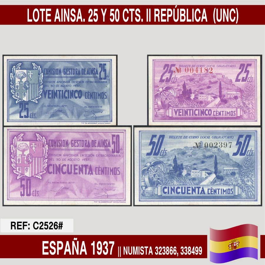 España 1937. Lote billetes Ainsa. 25 y 50 cts. II República (UNC)