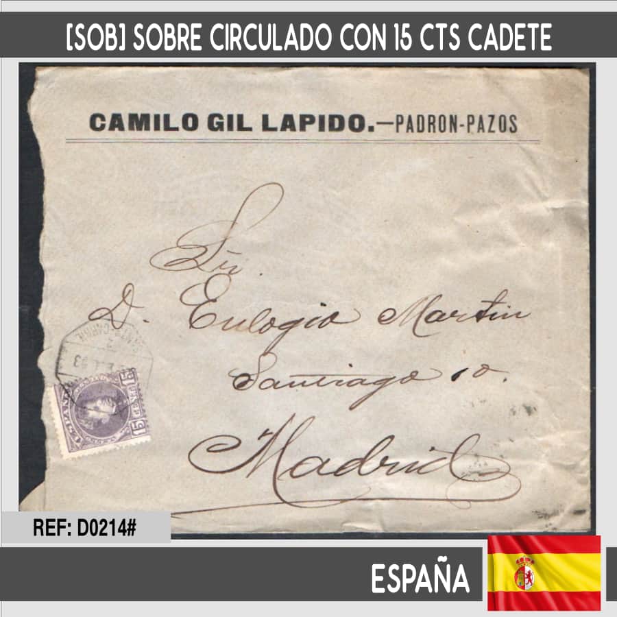 Spain. Envelope circulated with 15 cts Cadet and postmark