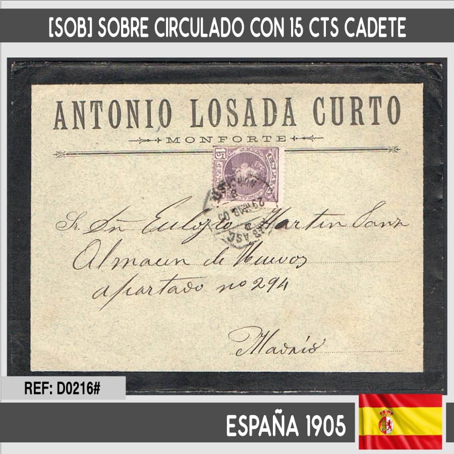 Espagne 1905. [SOB] Enveloppe distribuée avec 15 cts Cadete et cachet ambulant