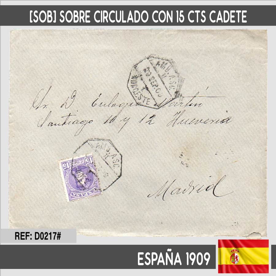 España 1905. [SOB] Sobre circulado con 15 cts Cadete y matasellos ambulante (copia)