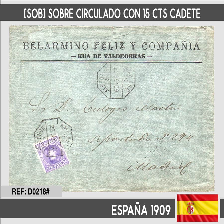 Espagne 1909. [SOB] Enveloppe distribuée avec 15 cts Cadete et cachet de la poste ambulant (C)