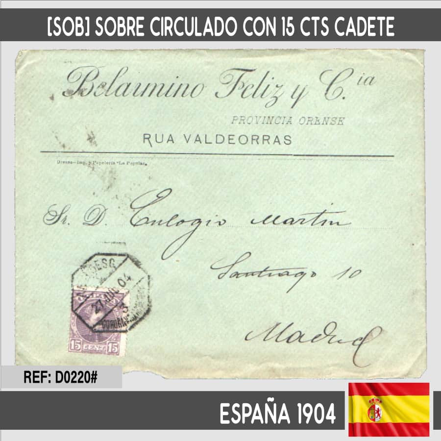 Espagne 1904. [SOB] Enveloppe distribuée avec 15 cts Cadete et cachet ambulant (C)