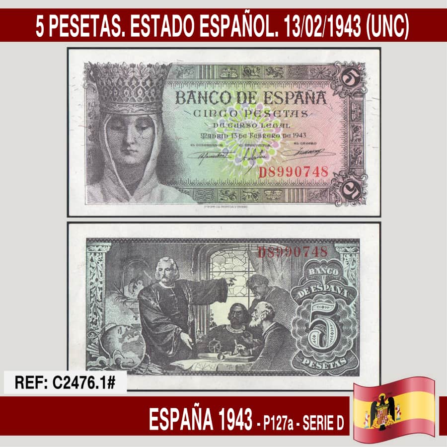 España 1943. 5 pesetas. Estado Español. 13/02/1943 (UNC) P-127a