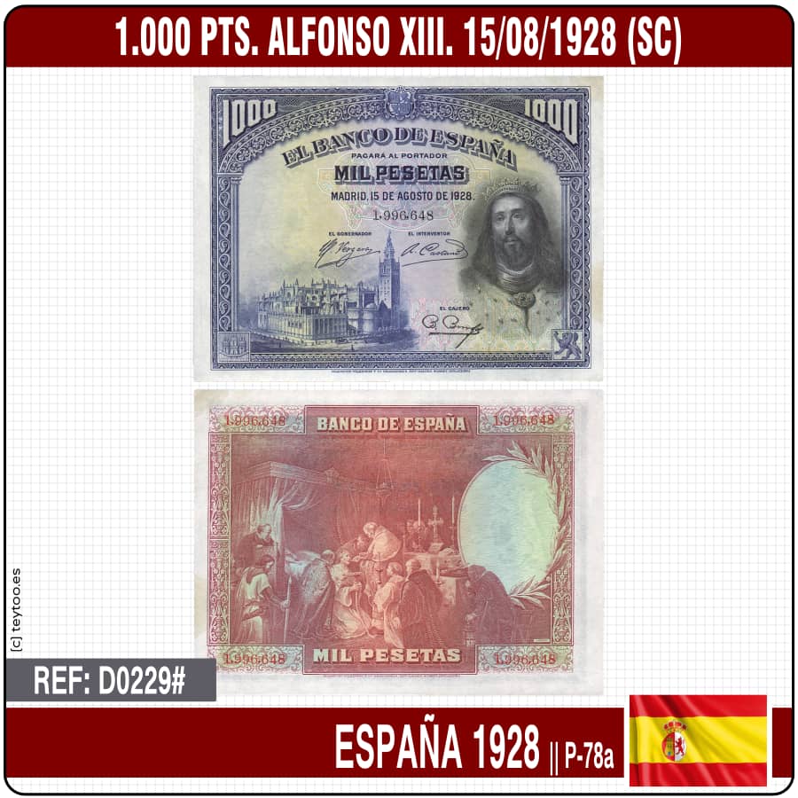 España 1928. 1.000 pts. Alfonso XIII. 15/08/1928 (SC) P-78a