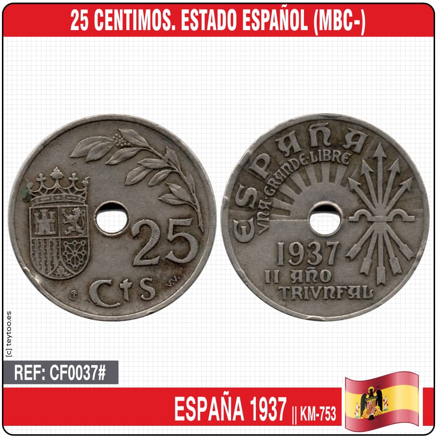 Spain 1937. 25 cts. II Triumphal Year. Spanish State (MBC-) KM-753