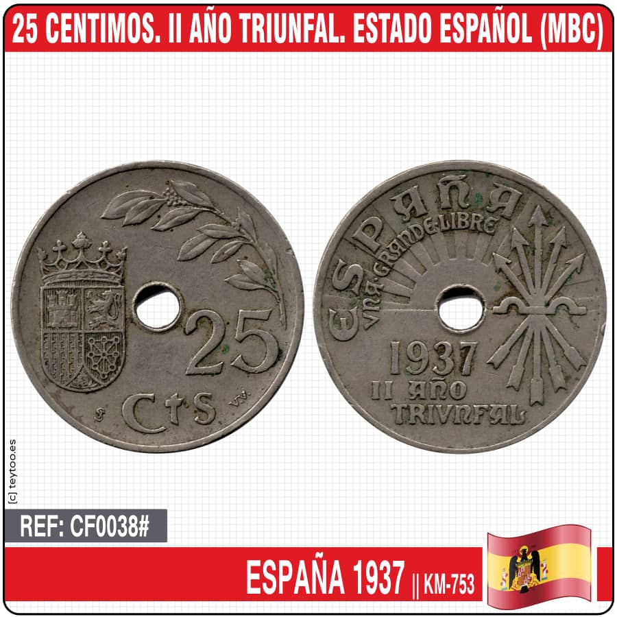 Spain 1937. 25 cts. II Triumphal Year. Spanish State (MBC) KM-753