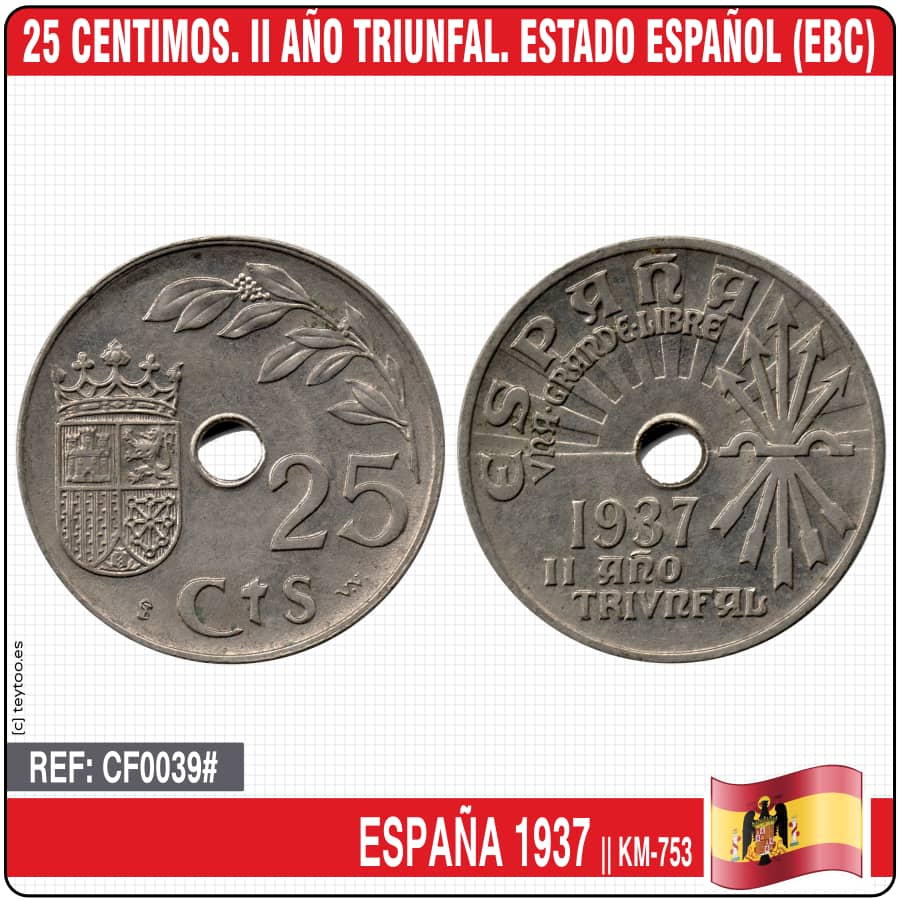 Spain 1937. 25 cts. II Triumphal Year. Spanish State (EBC) KM-753