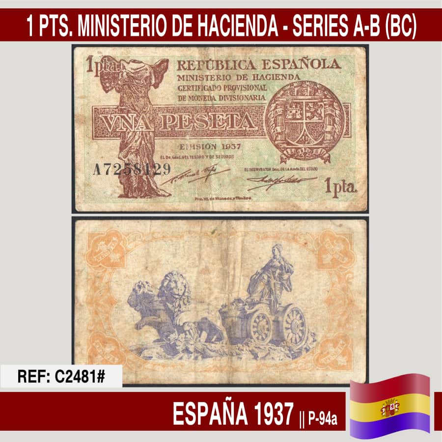 España 1937. 1 pts. II República. Ministerio de Hacienda (BC) P-94a