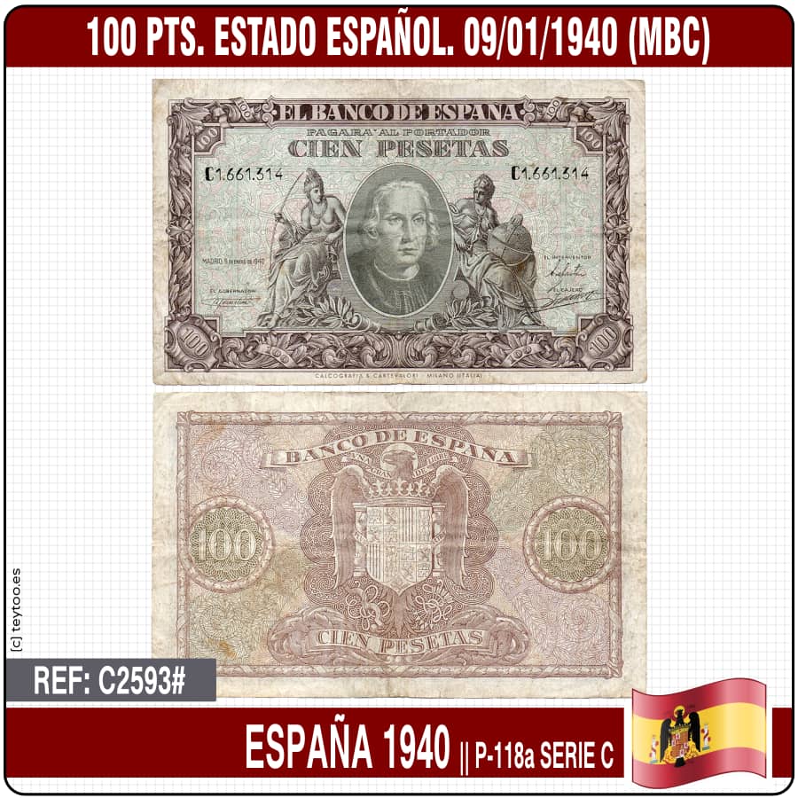 Spain 1940. 100 pts. Spanish State. Serie C (MBC) P-118a