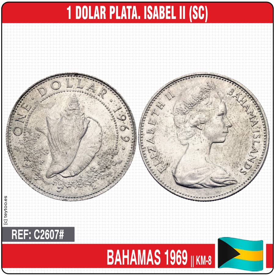 Bahamas 1969. 1 Dollar. Isabel II. Marina Caracola (SC) KM-8