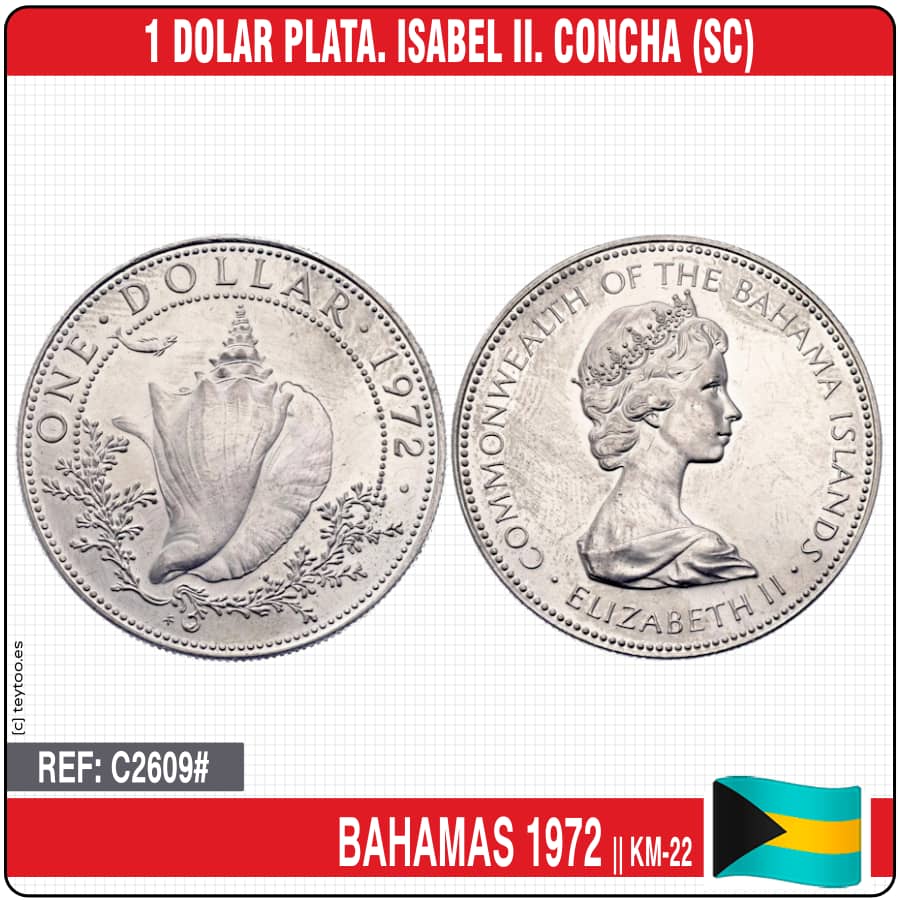 Bahamas 1970. 1 dólar. Isabel II. Caracola Marina (SC) KM-8