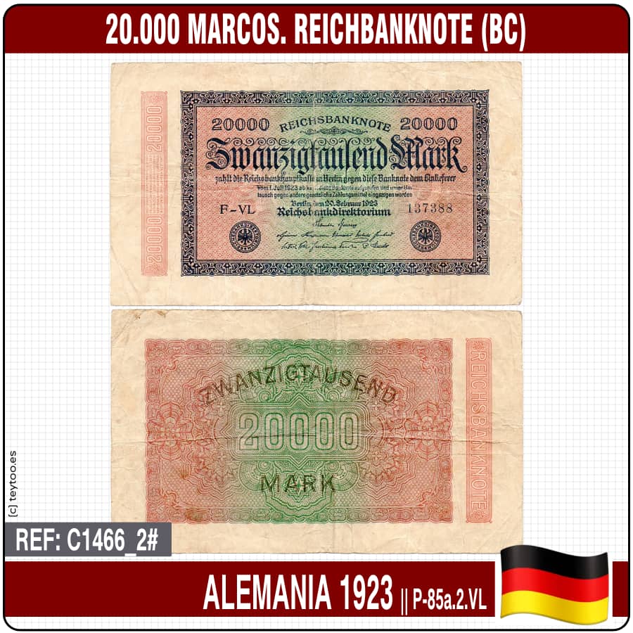 Alemania 1923. 20.000 marcos. Reichbanknote (BC) P-85a.2.UB (copia)