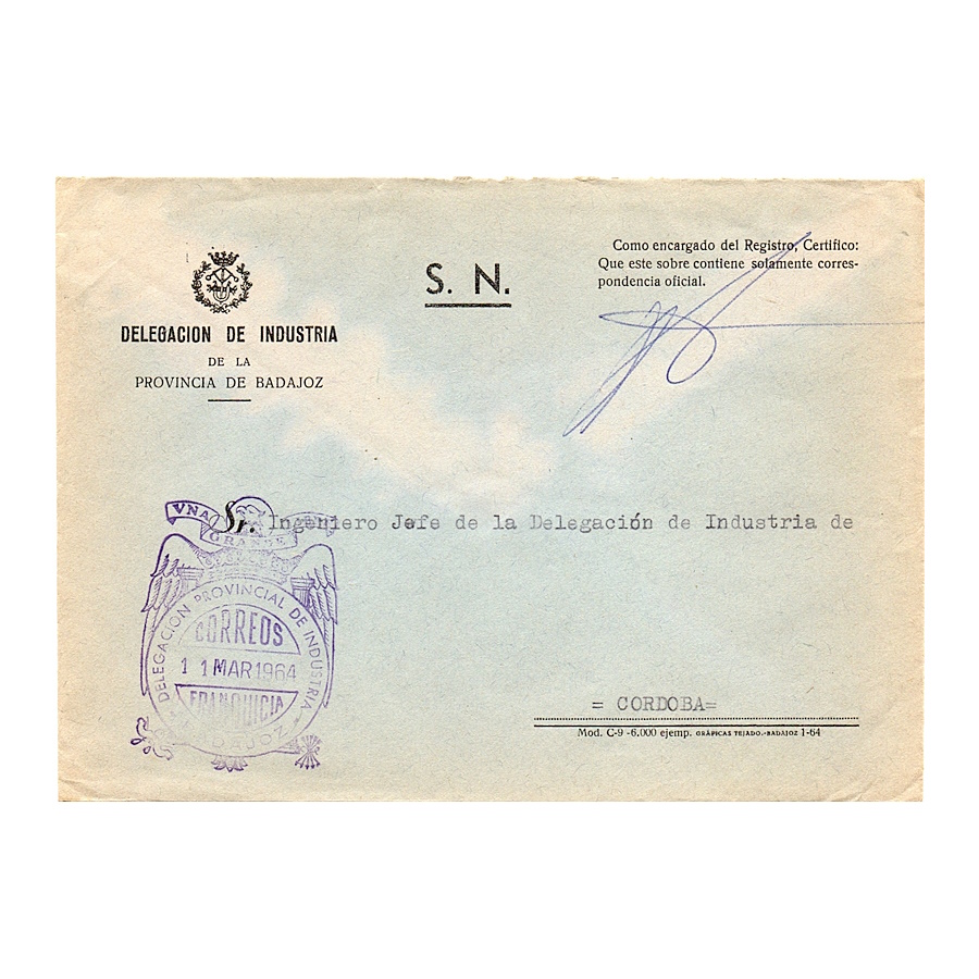 España 1964 [SOB] Franquicia. Delegación Provincial de Industria de Badajoz (C)