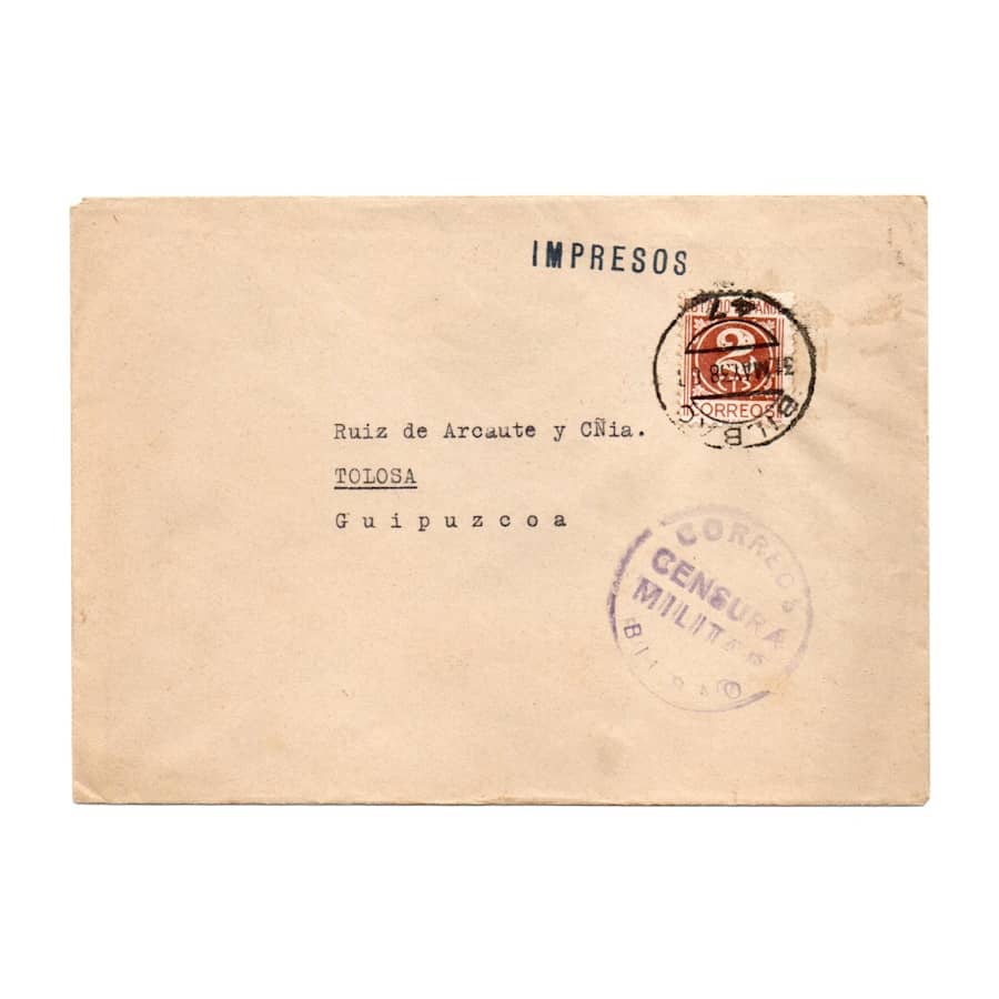 Spain 1938 [SOB] Circulated from Bilbao to Toulouse. Military censor (C)