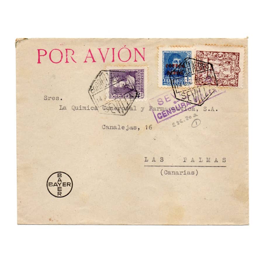 Spain 1938 [SOB] Circulated from Seville to Las Palmas. Military censor (C)